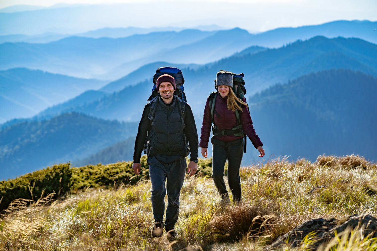 happy couple hiking