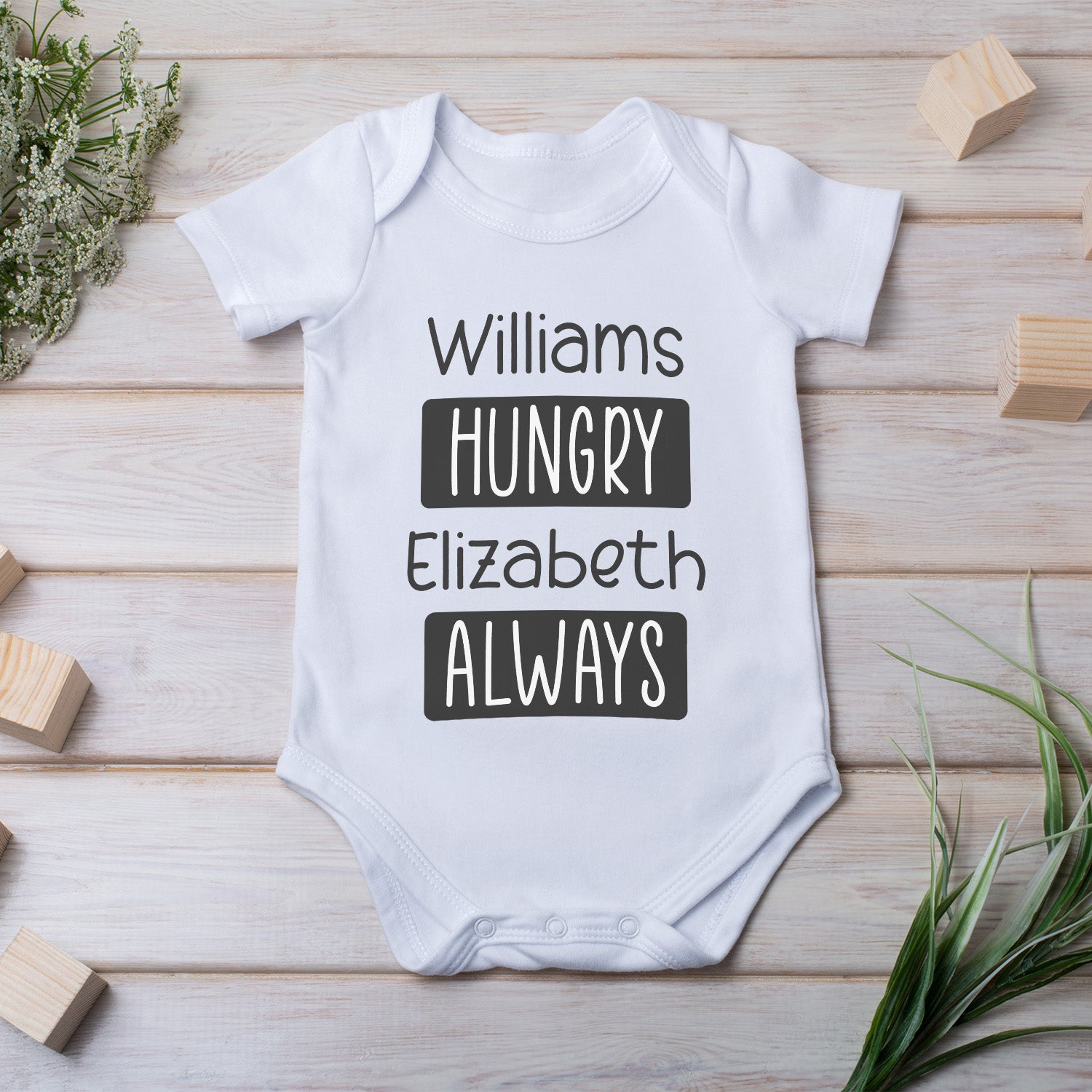Personalized Baby Bodysuit Onesie For Newborn Always Hungry With Name