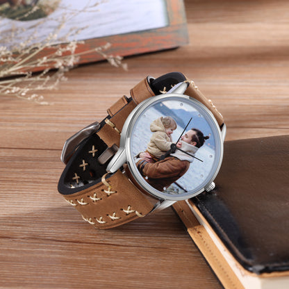 Personalized Photo Watch Light Brown Leather Wristband