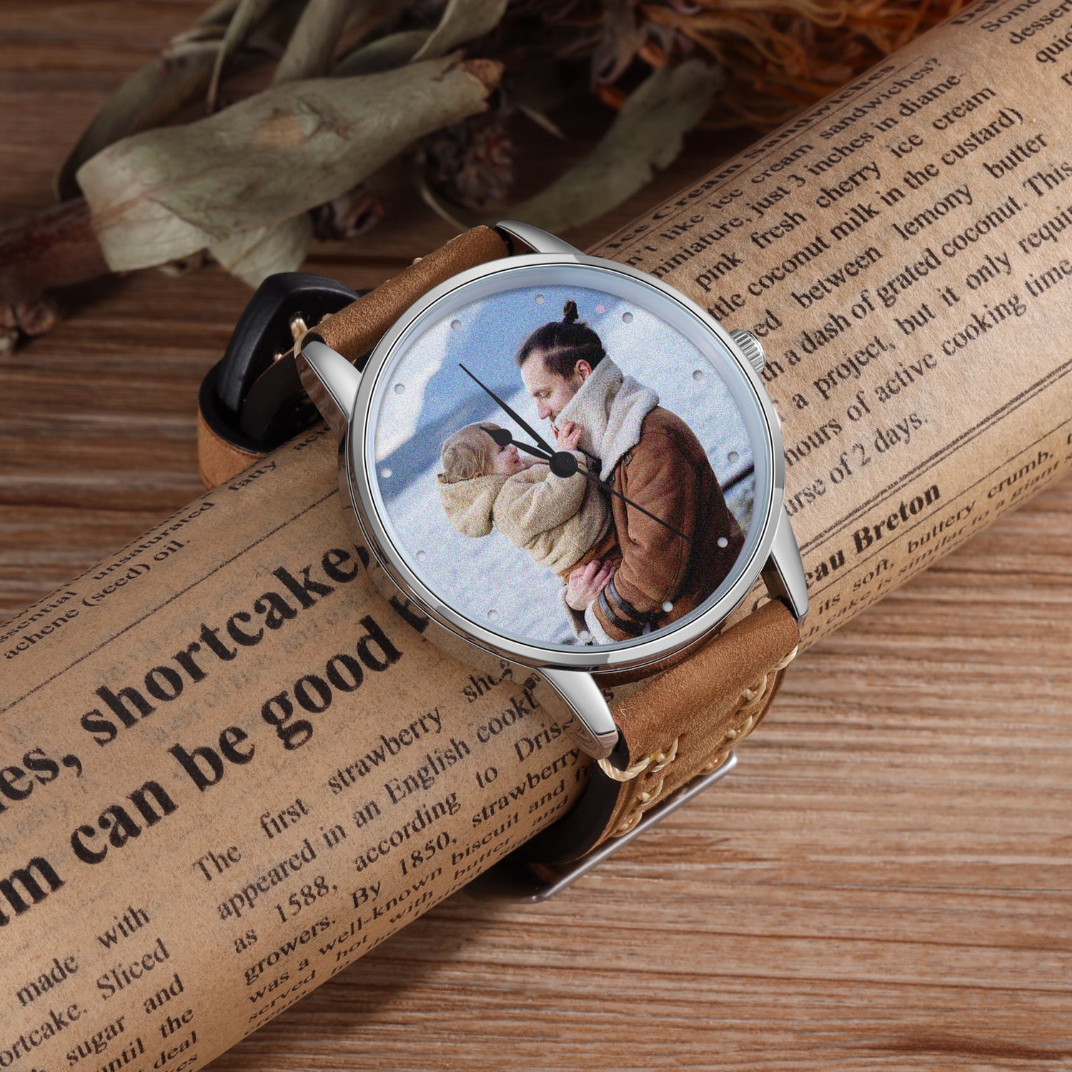 Personalized Photo Watch Light Brown Leather Wristband